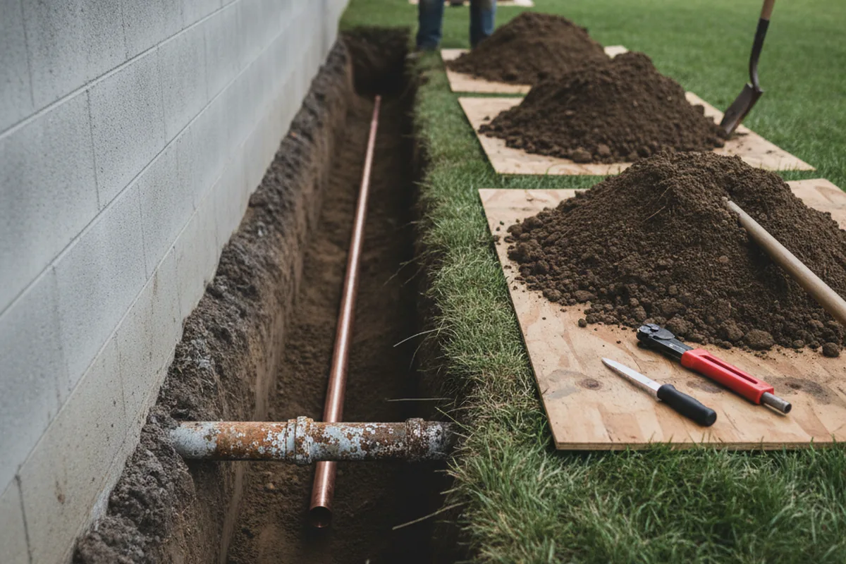 Excavated water line trench during Water Softener Installation in Strawberry Plains